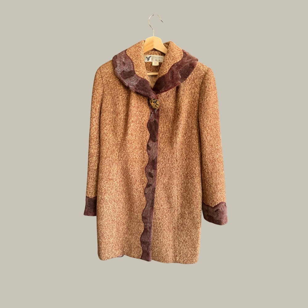 Rich Auntie Coat Pengcheng Vintage Faux Fur Trim‎ Boucle Coat Brown Beaded